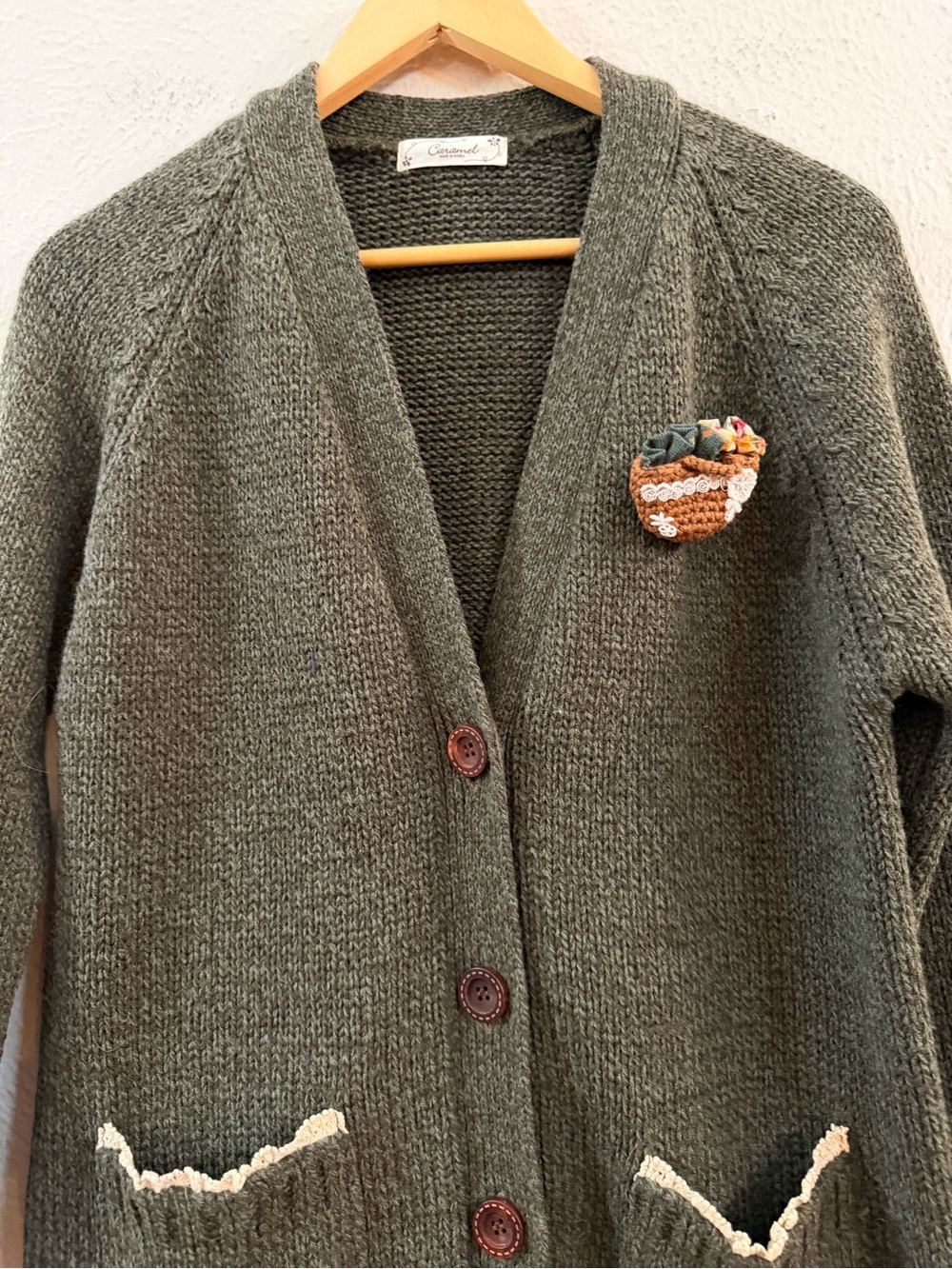 Caramel olive green boho long cardigan - Picture 4 of 8